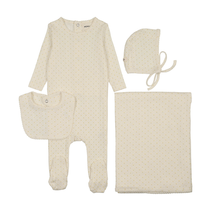 set footie pointelle tulip print with bonnet bib and blanket - yellow