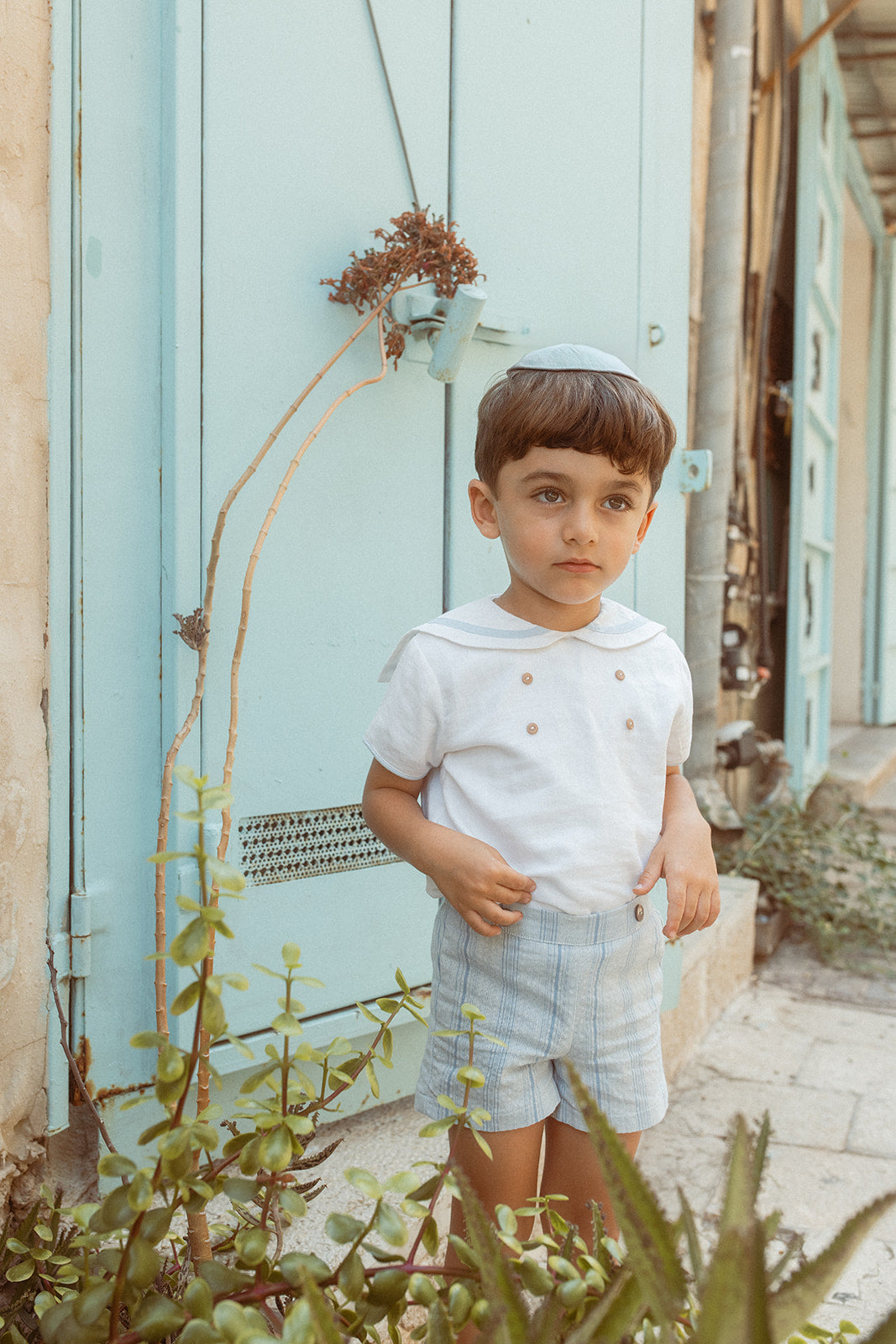 set outfit double button sailor shirt and striped shorts - blue