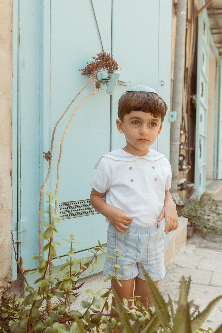 set outfit double button sailor shirt and striped shorts - blue