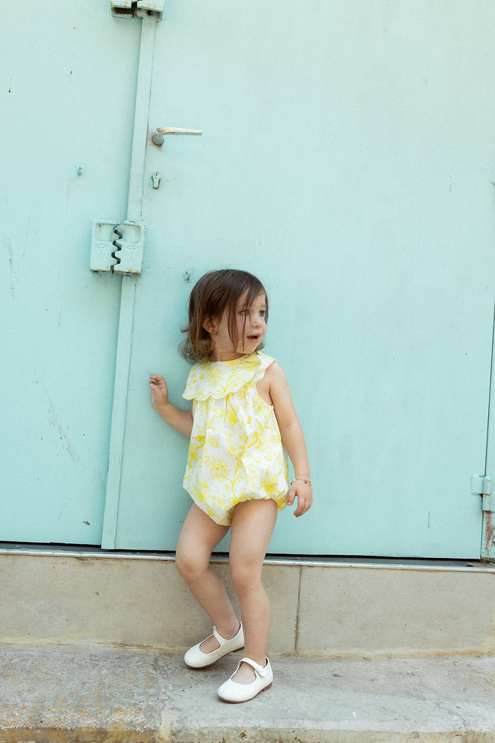 one piece toile floral print romper with scalloped bib - yellow