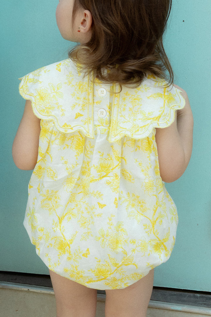 one piece toile floral print romper with scalloped bib - yellow