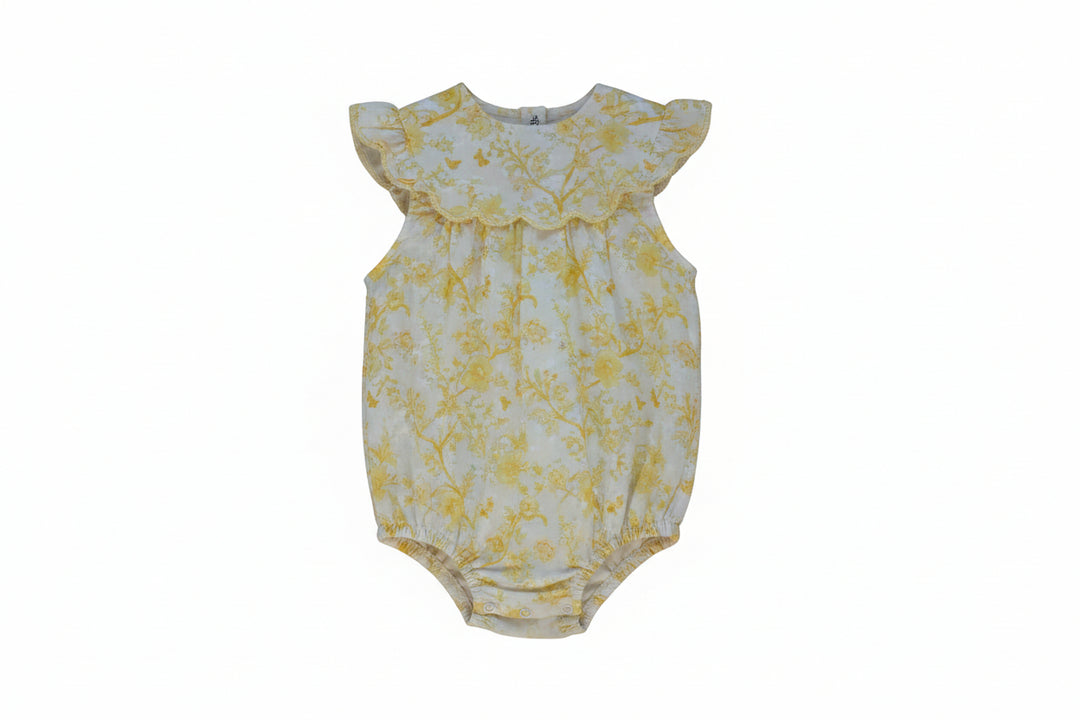 one piece toile floral print romper with scalloped bib - yellow