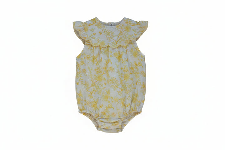 one piece toile floral print romper with scalloped bib - yellow