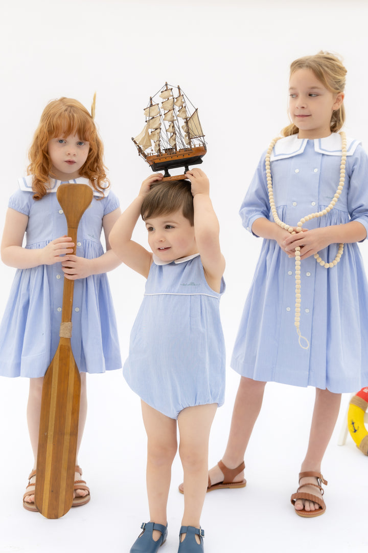 one piece pinstriped collared bubble romper - light blue