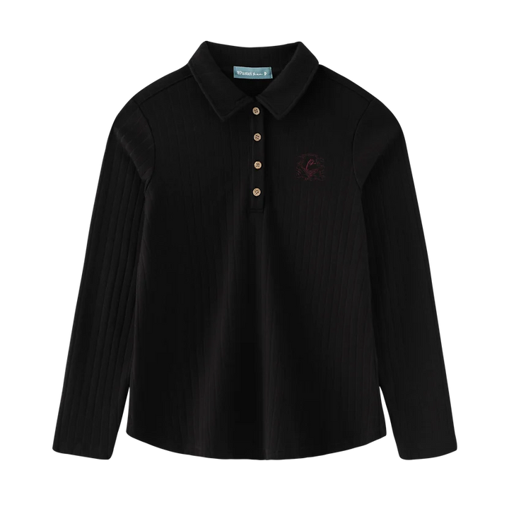 tee l/s ribbed button collar - black