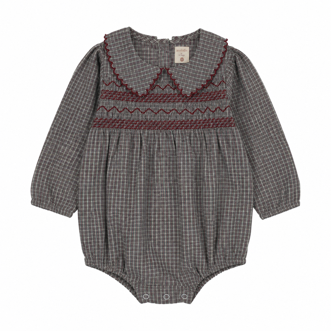 one piece plaid smocked romper - soft gray plaid