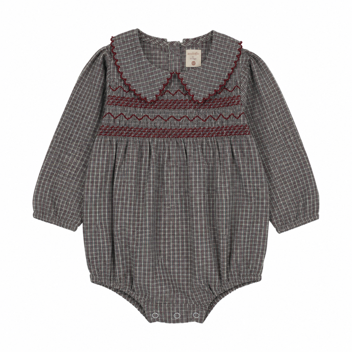 one piece plaid smocked romper - soft gray plaid