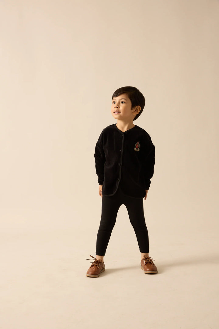 pajamas velour crest button top and pants - black