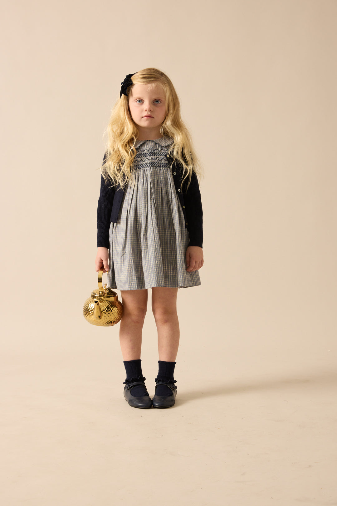 dress plaid smocked with scalloped collar - dried blue plaid