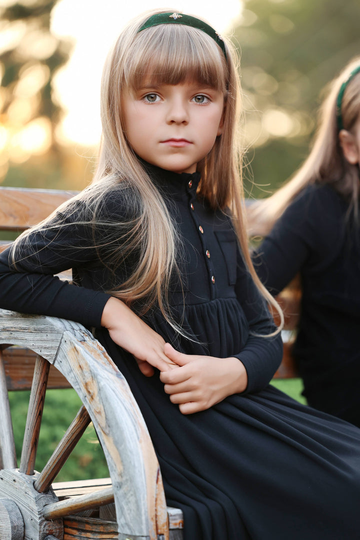 maxi dress high waisted front pockets with mockneck - black