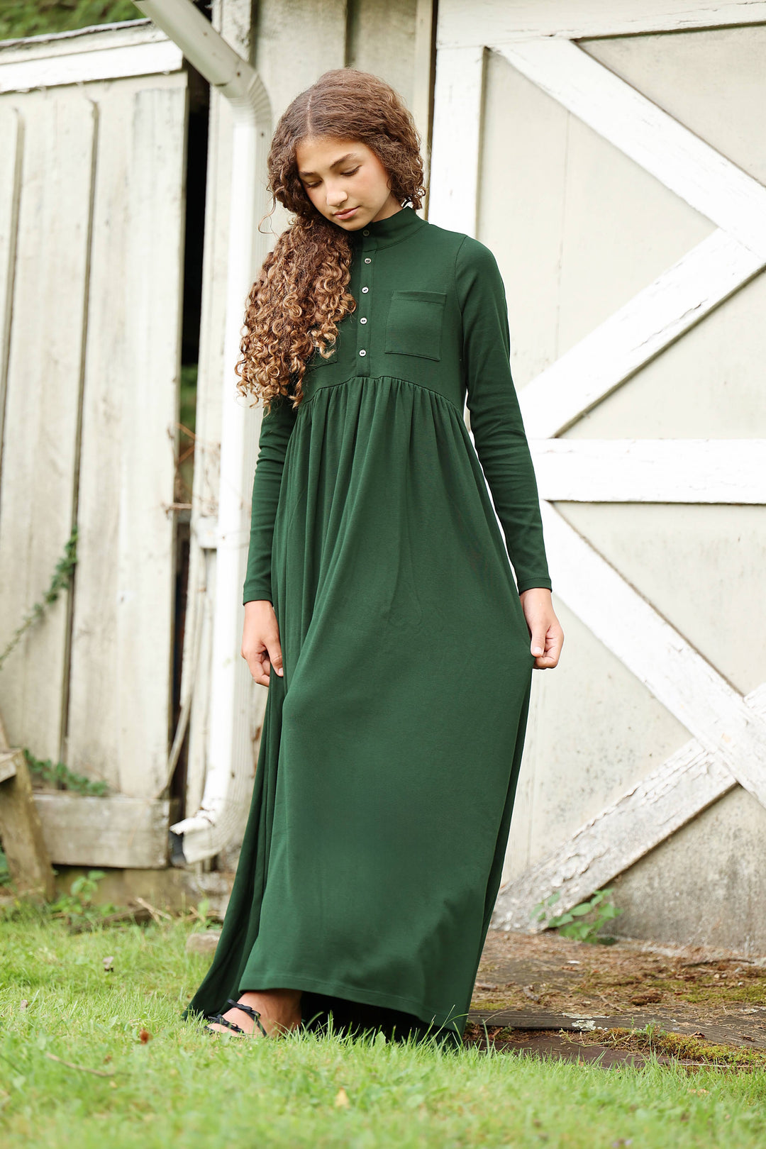 maxi dress high waisted front pockets with mockneck - green