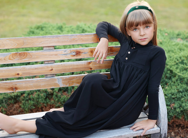 maxi dress high waisted front pockets with mockneck - black