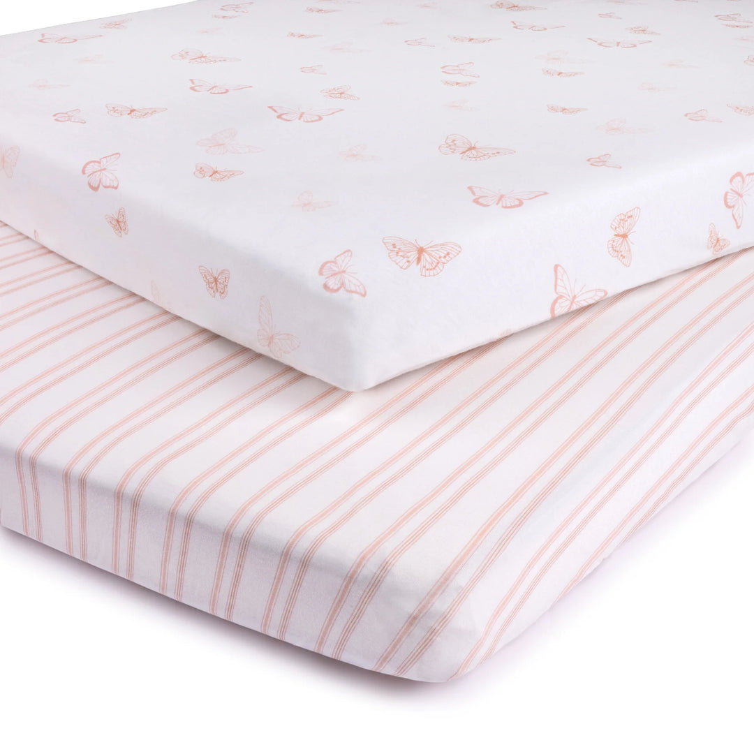 crib sheet butterfly with striped pack n play sheet 2 pack - pink butterfly/strpd