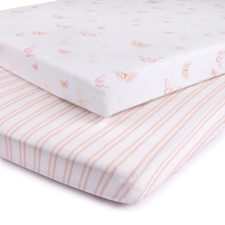crib sheet butterfly with striped pack n play sheet 2 pack - pink butterfly/strpd