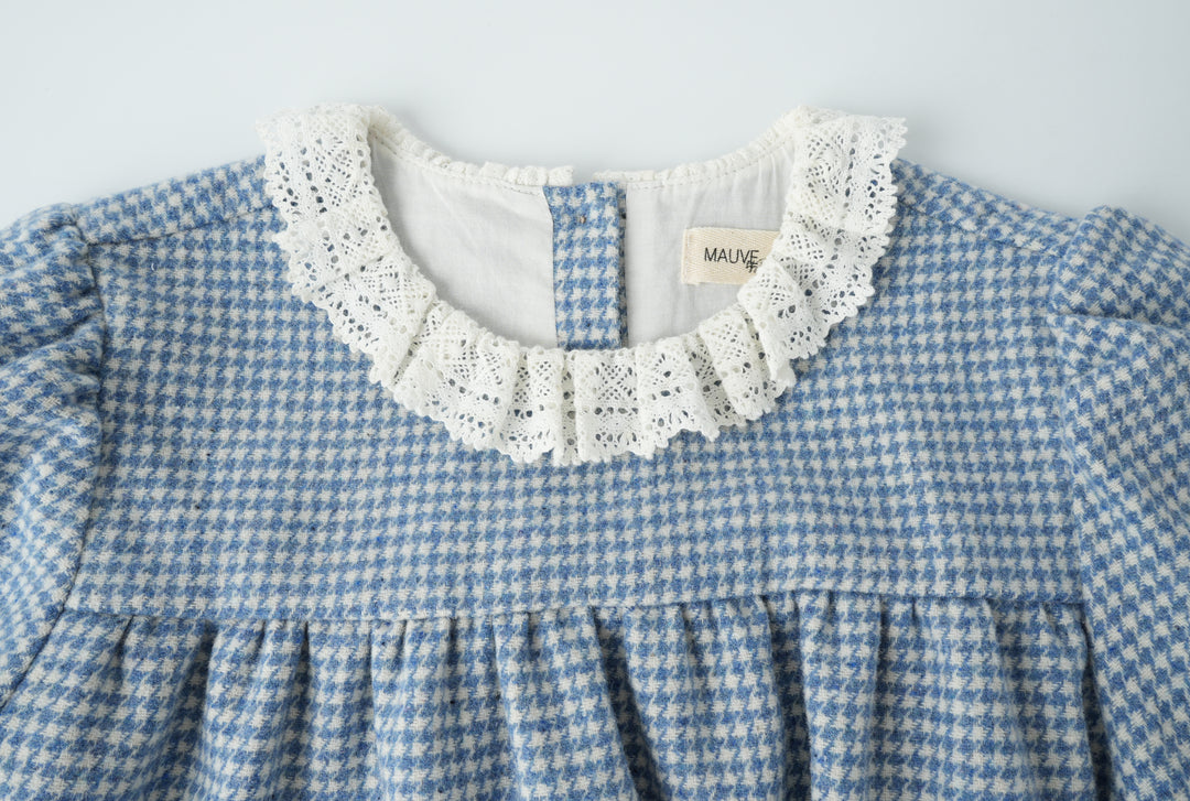 houndstooth dress with ruffle collar - blue houndstooth