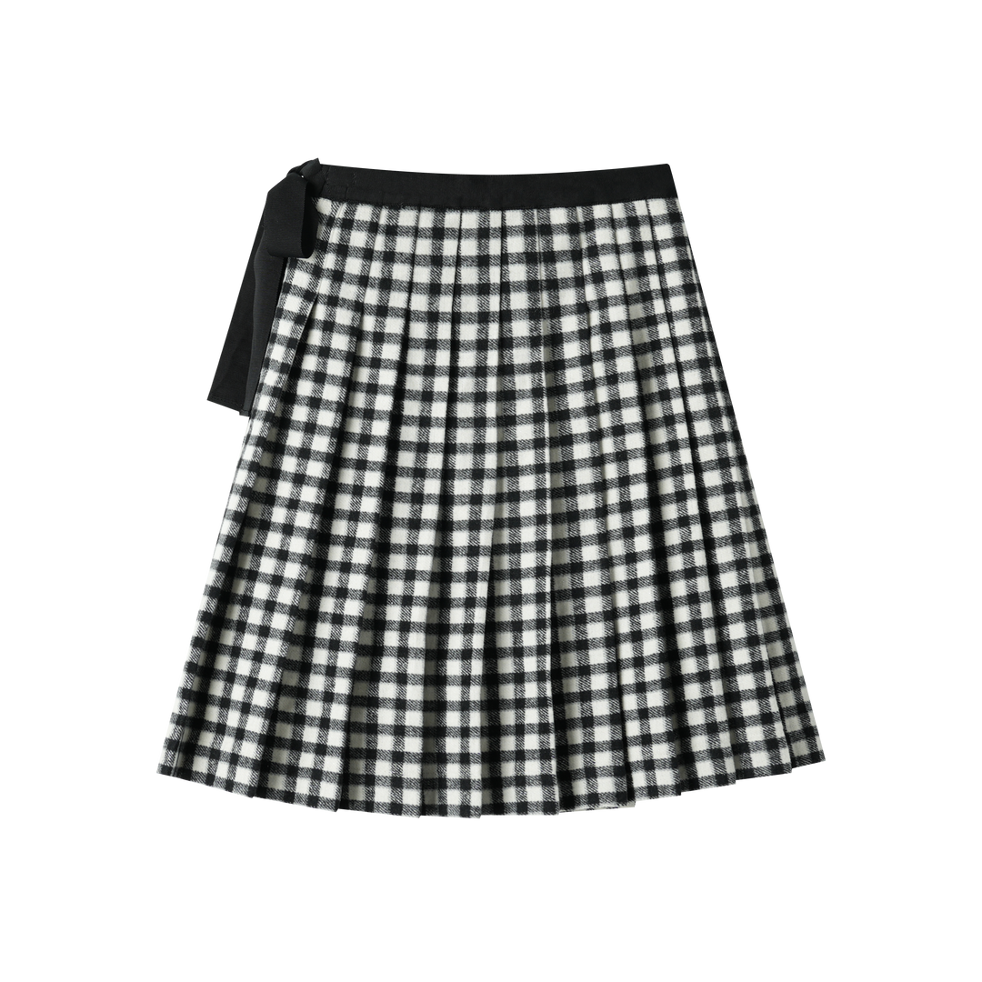 checkered pleated skirt with tie - black checkered