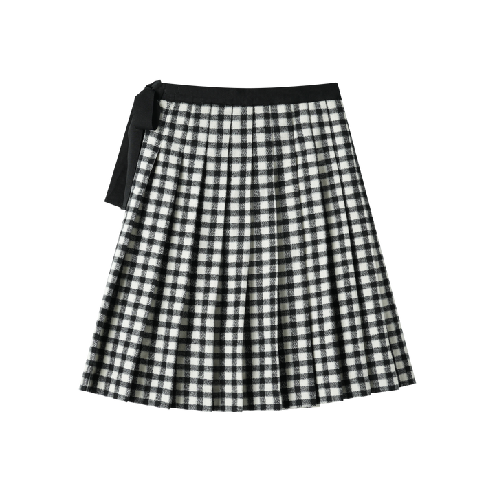 checkered pleated skirt with tie - black checkered