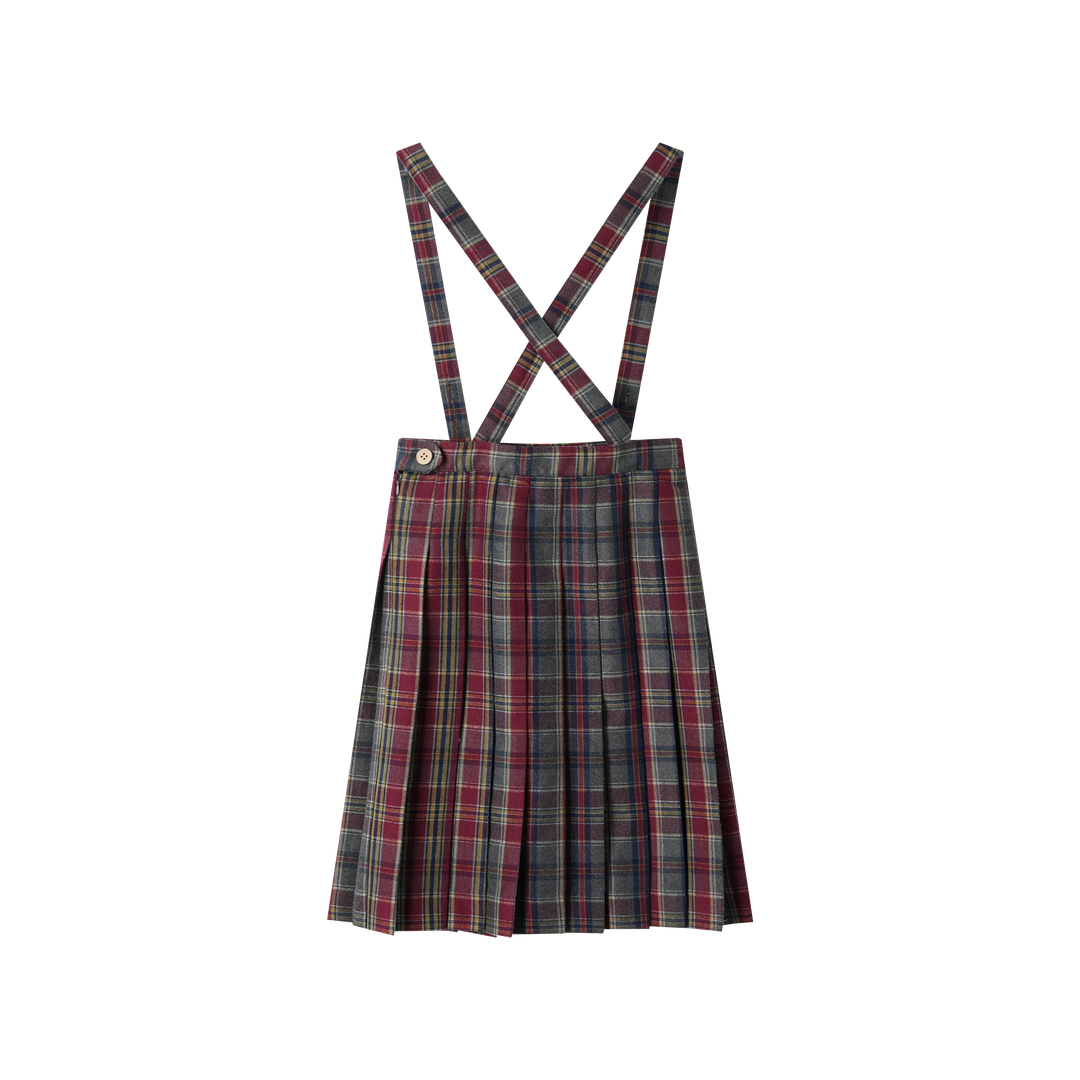 plaid pleated suspender skirt - burgundy plaid