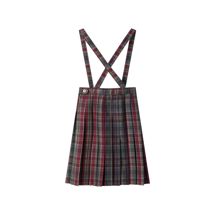 plaid pleated suspender skirt - burgundy plaid