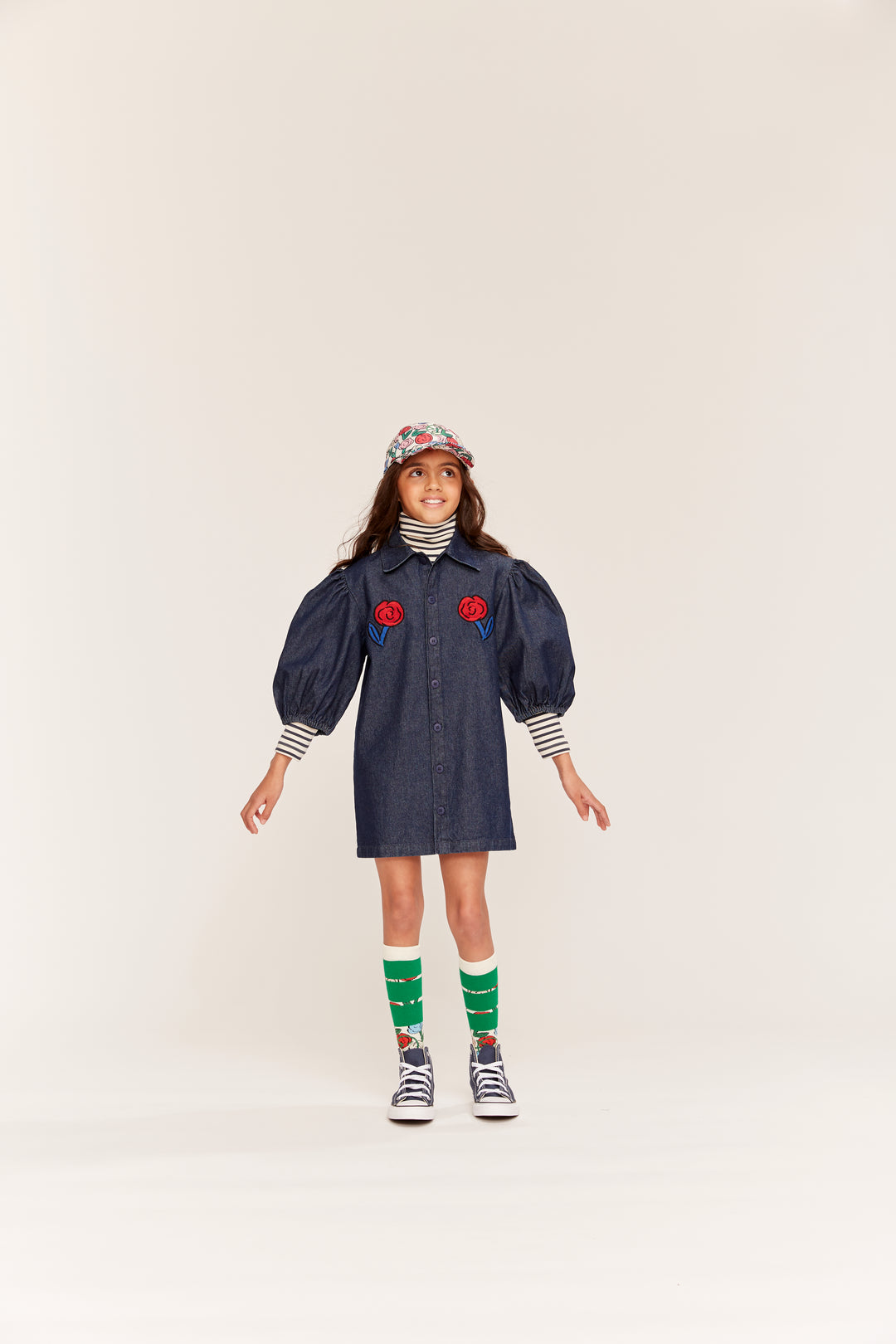 dress denim button down with embroidered dahlia - rinse wash