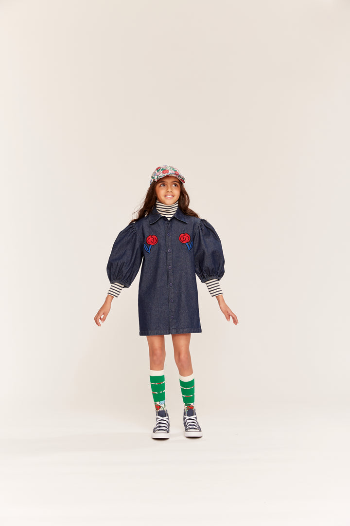 dress denim button down with embroidered dahlia - rinse wash