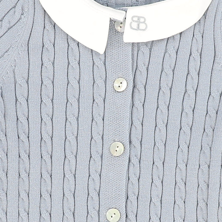 one piece cable knit long overalls with collar - light blue