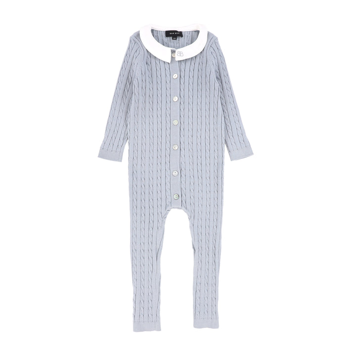 one piece cable knit long overalls with collar - light blue