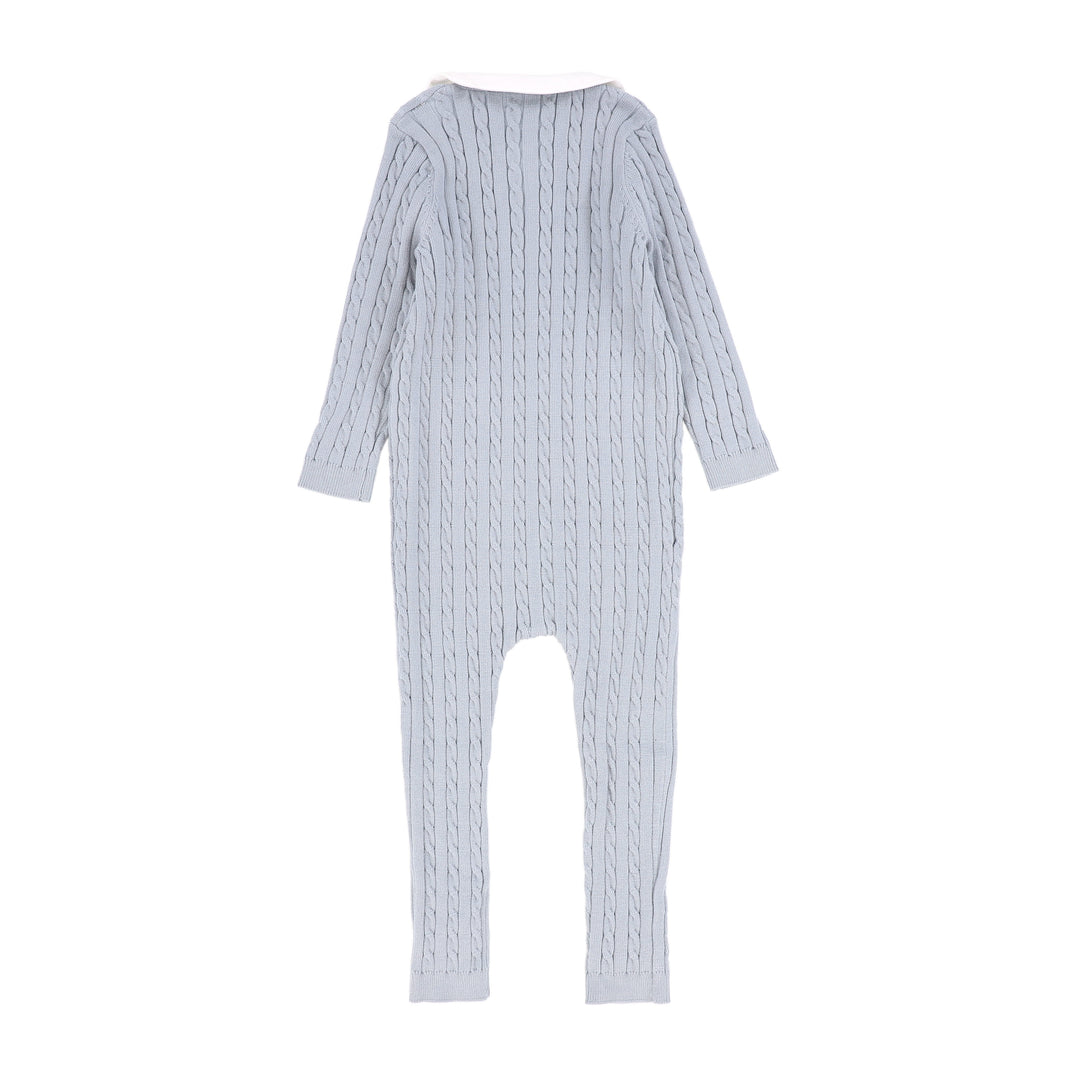 one piece cable knit long overalls with collar - light blue