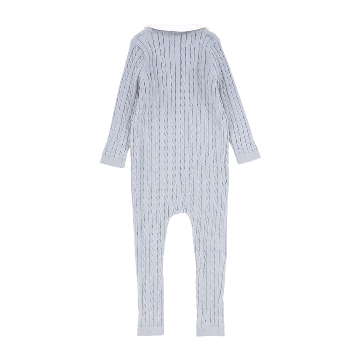 one piece cable knit long overalls with collar - light blue