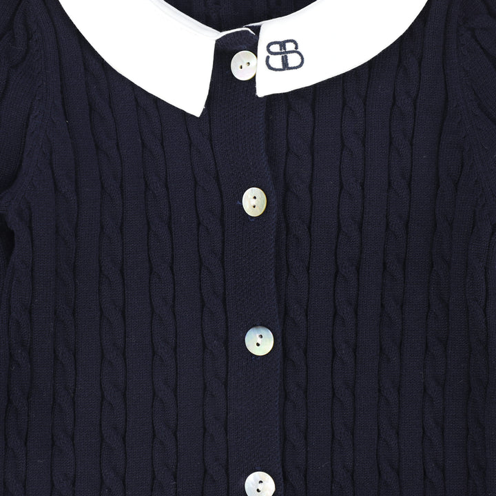 one piece cable knit long overalls with collar - navy