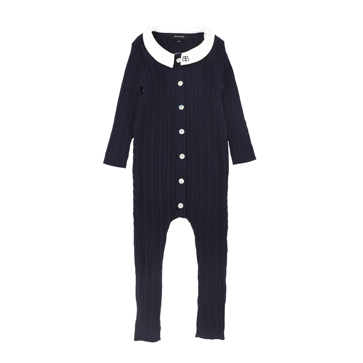 one piece cable knit long overalls with collar - navy
