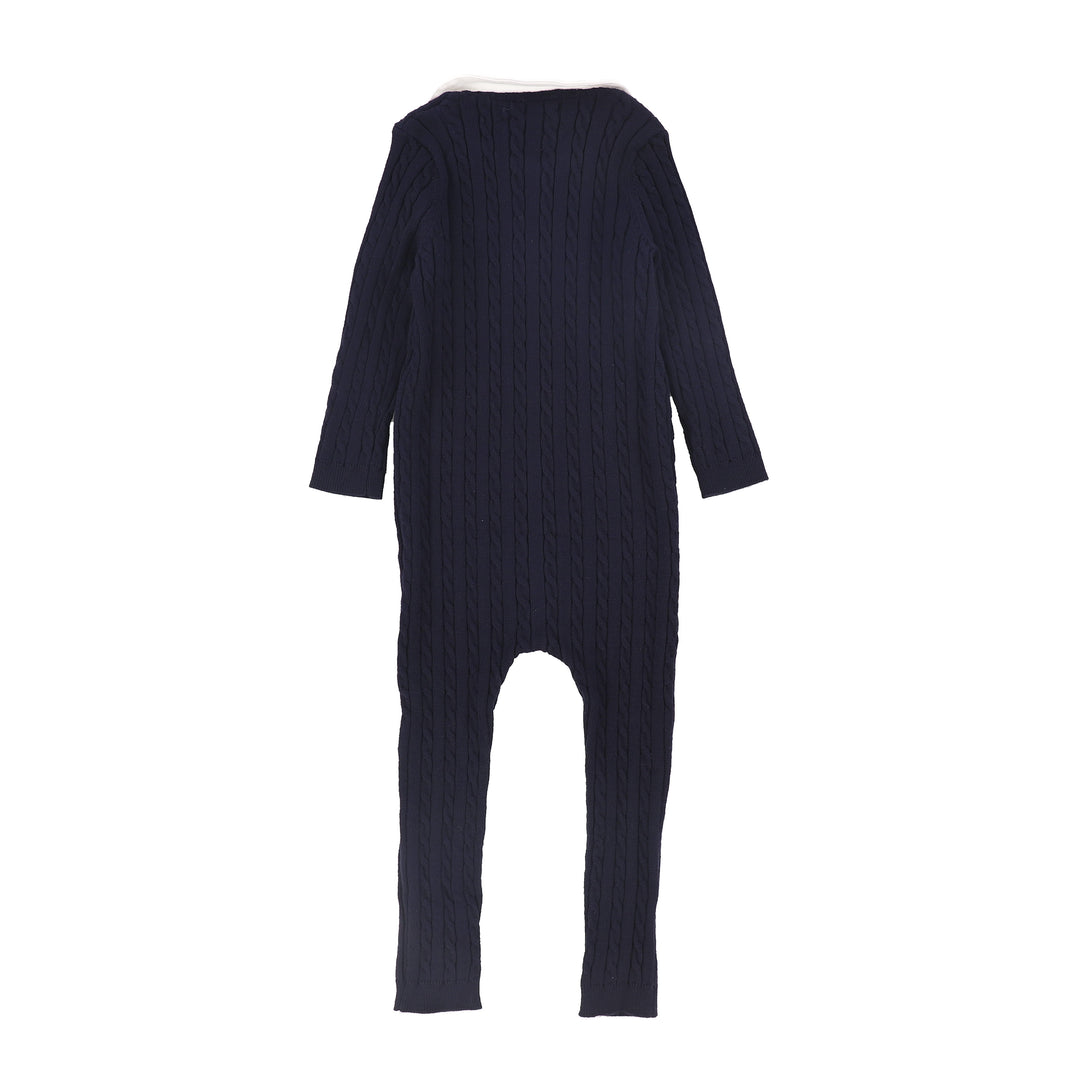 one piece cable knit long overalls with collar - navy