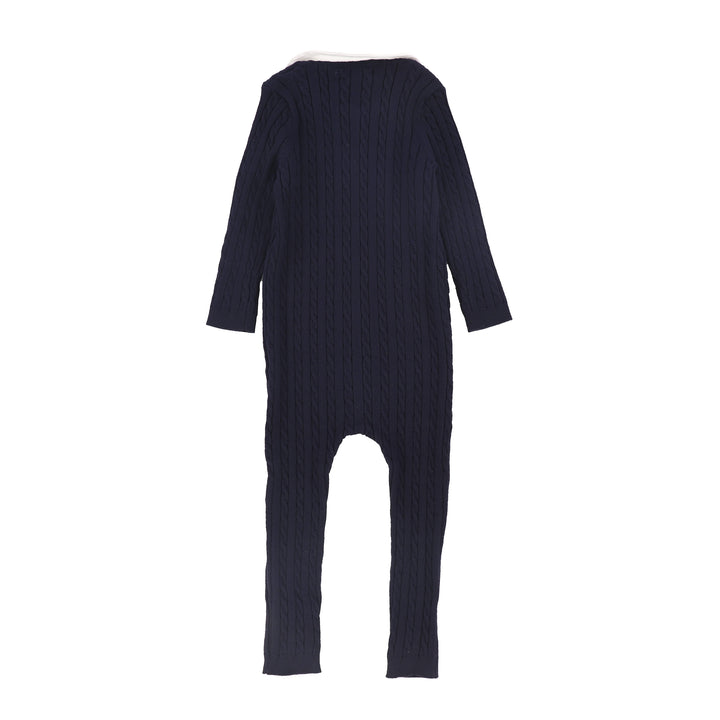 one piece cable knit long overalls with collar - navy
