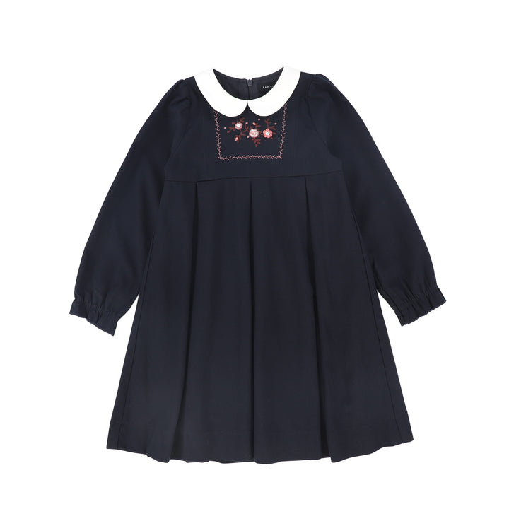 dress wool embroidered yoke with collar - navy