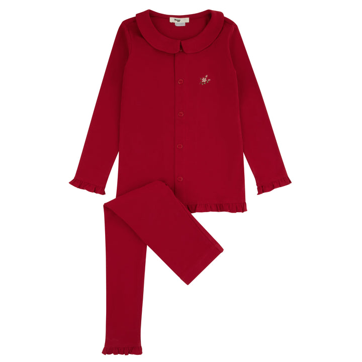 pajamas embroidered pocket ruffle grandpa shirt and pants - crimson-145
