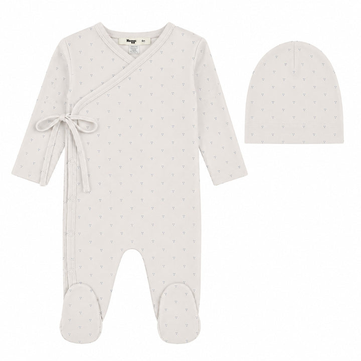 set footie dot print wrap with beanie and blanket - ivory/blue-170