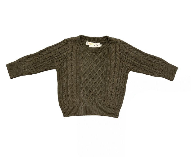 top l/s interlock cable knit crew neck - olive