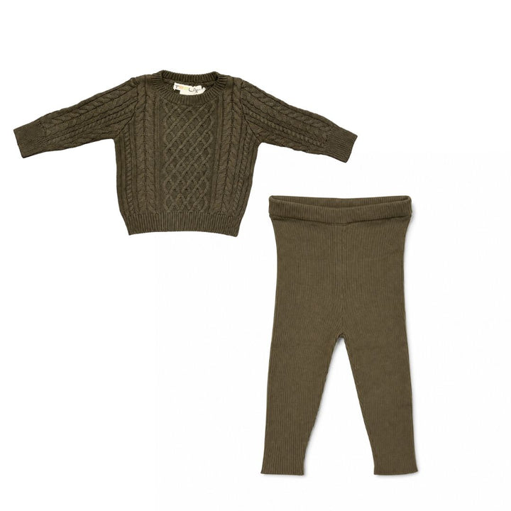 set outfit interlock cable knit top with legging - olive