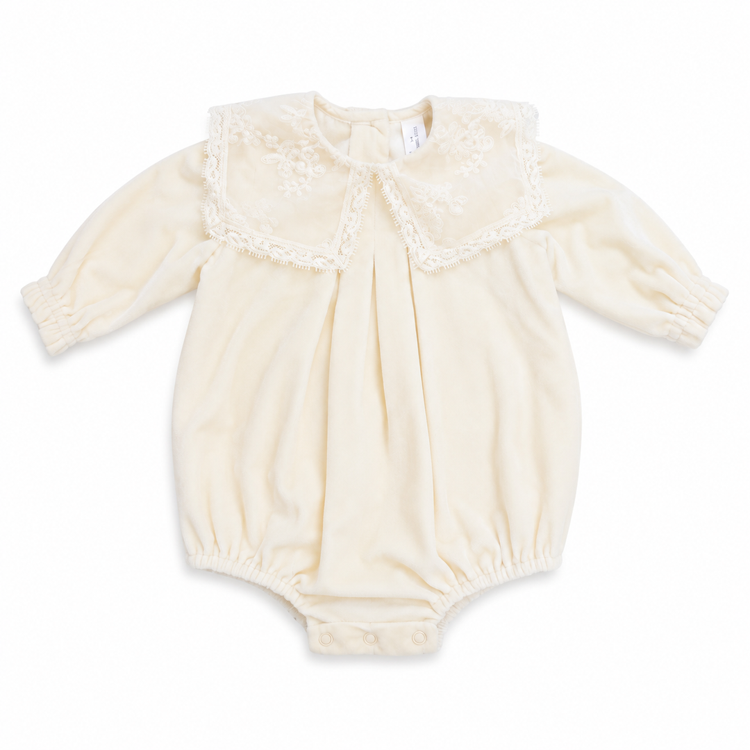 one piece velvet bubble with antique lace collar - cream