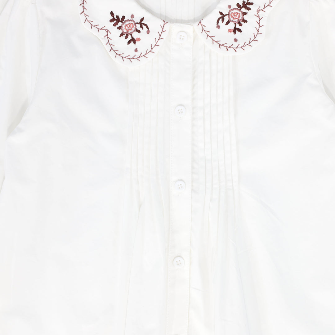 shirt l/s blouse with embroidered collar - white