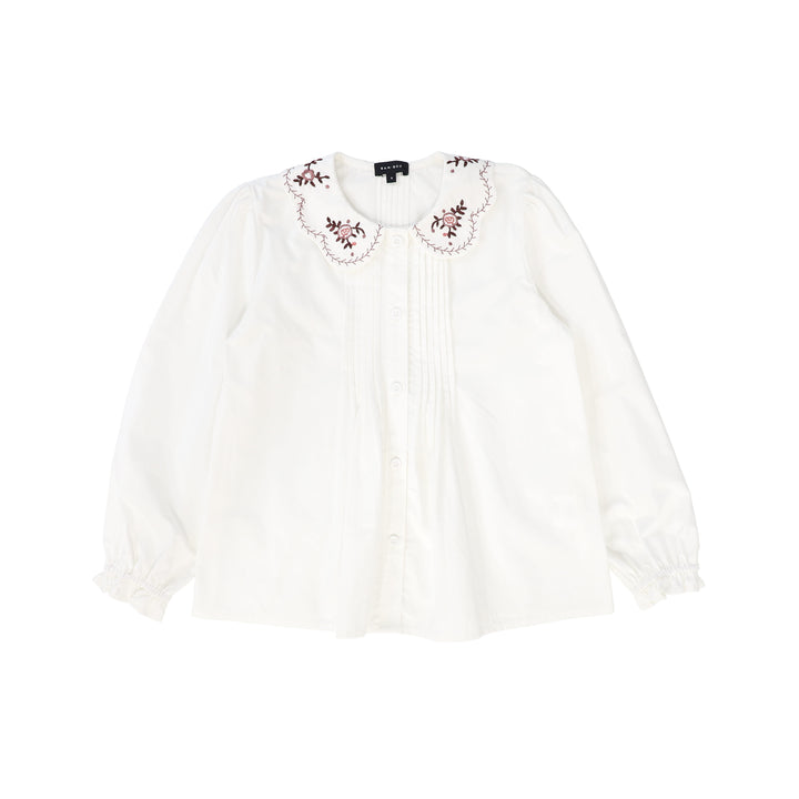 shirt l/s blouse with embroidered collar - white