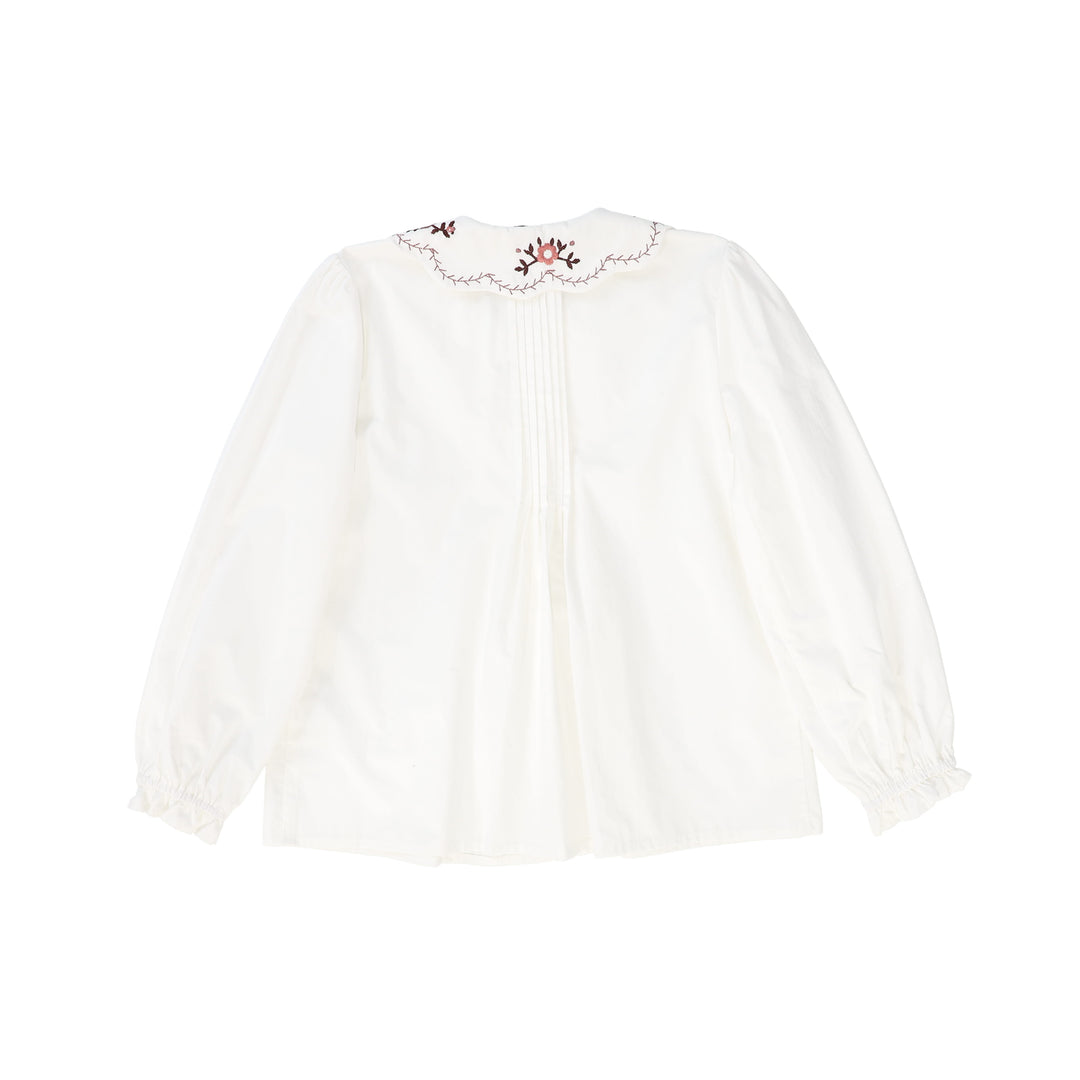 shirt l/s blouse with embroidered collar - white