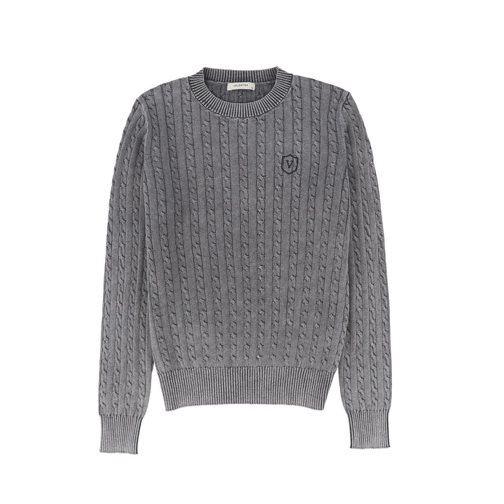 top l/s washed cable knit sweater - black