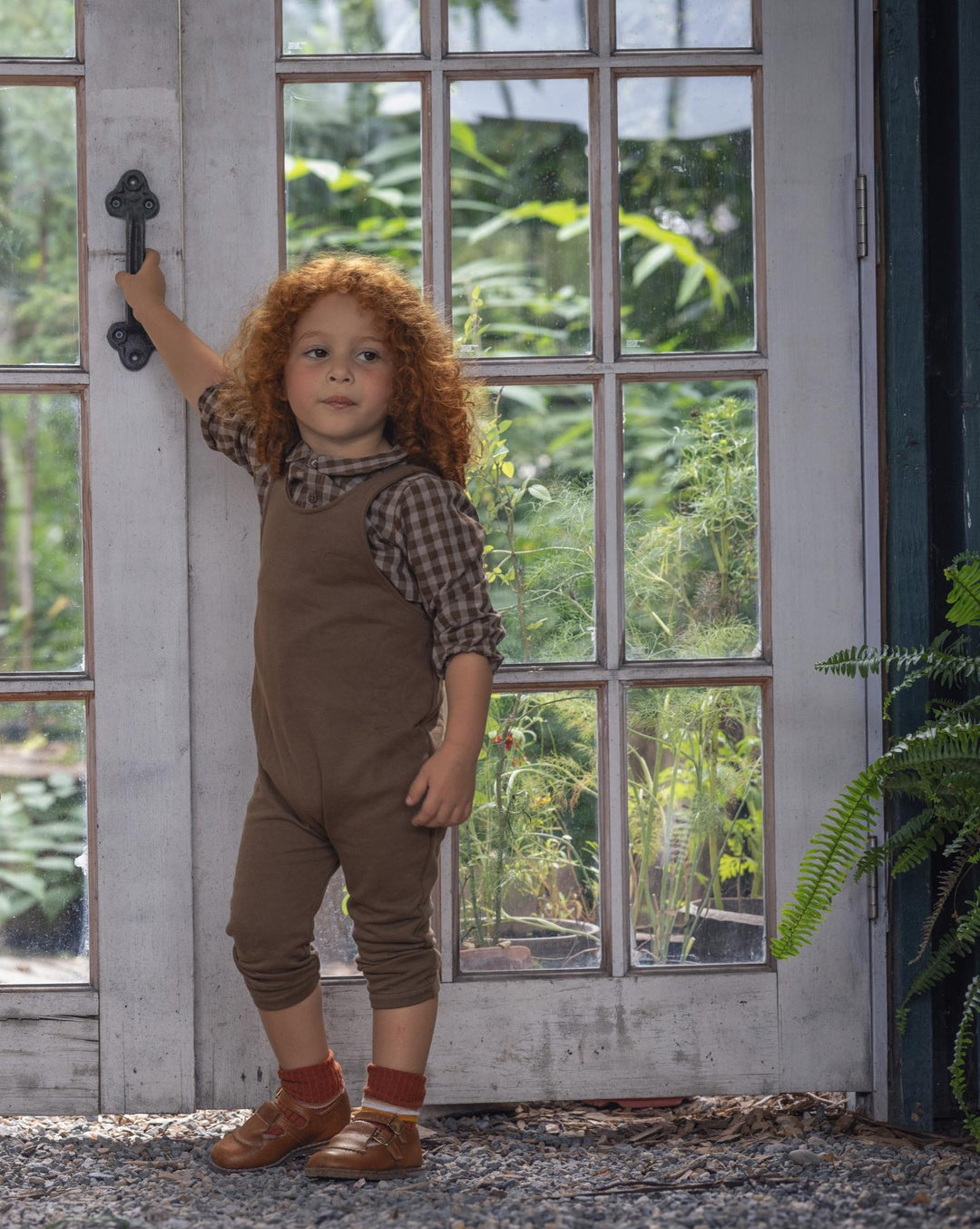 set outfit checkered collar shirt and romper - chestnut/slate