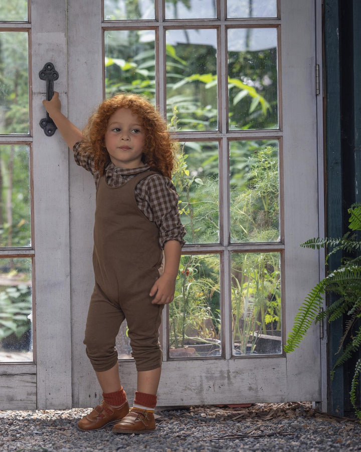 set outfit checkered collar shirt and romper - chestnut/slate