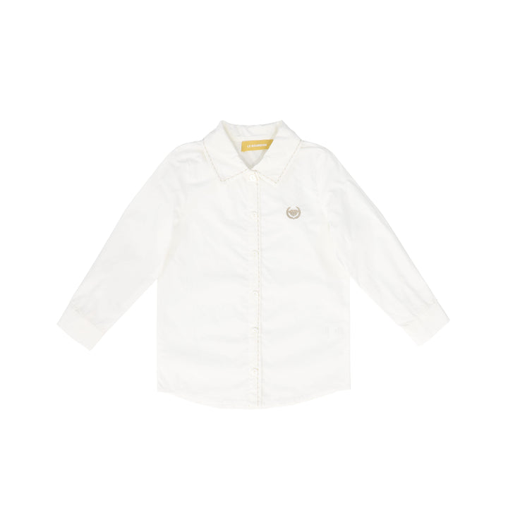 shirt l/s scalloped trim collar with logo - white/tan