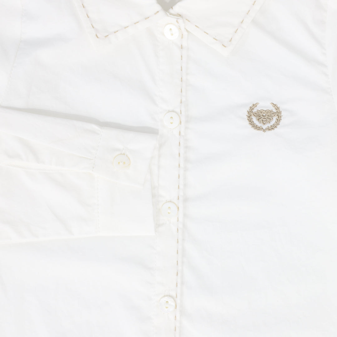 shirt l/s scalloped trim collar with logo - white/tan