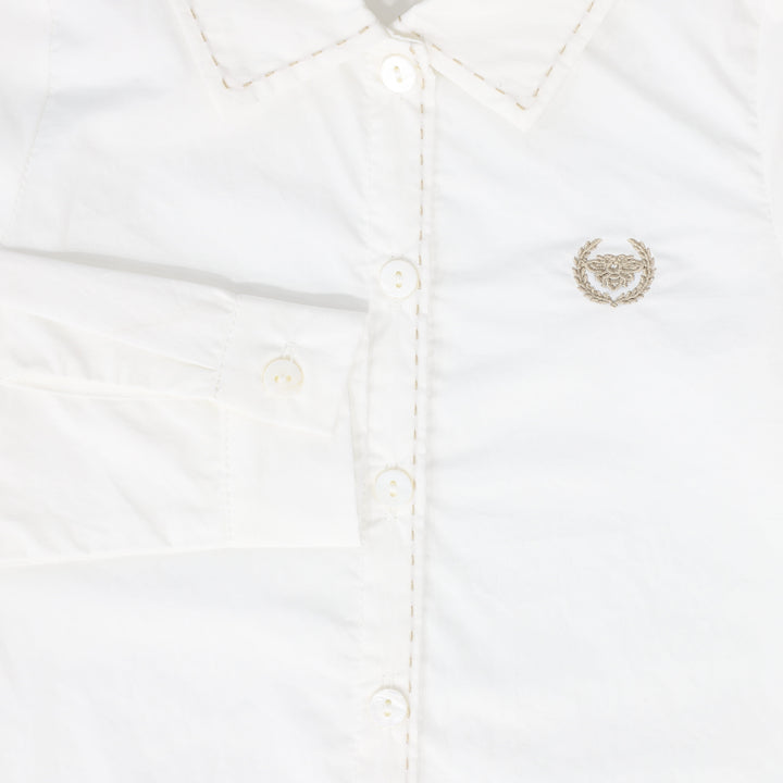 shirt l/s scalloped trim collar with logo - white/tan