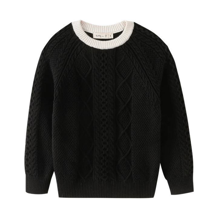 top l/s cable knit sweater with contrast edging - black