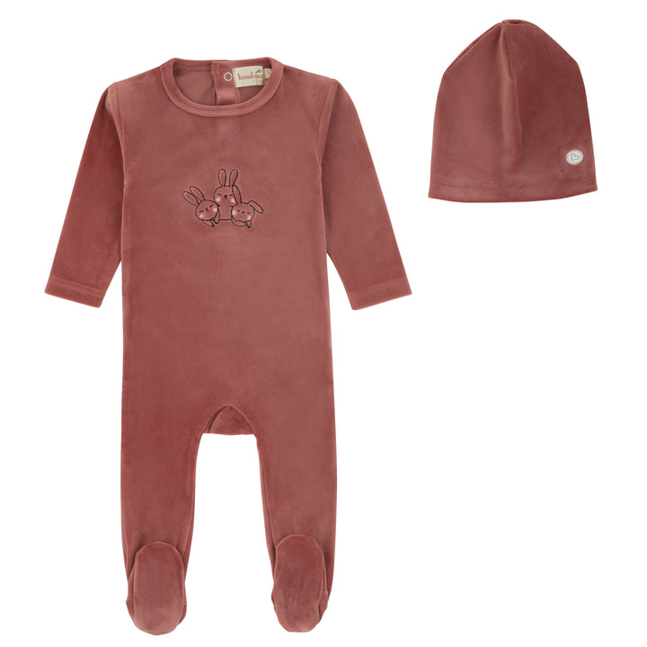 footie velour rabbit with beanie - deep mauve